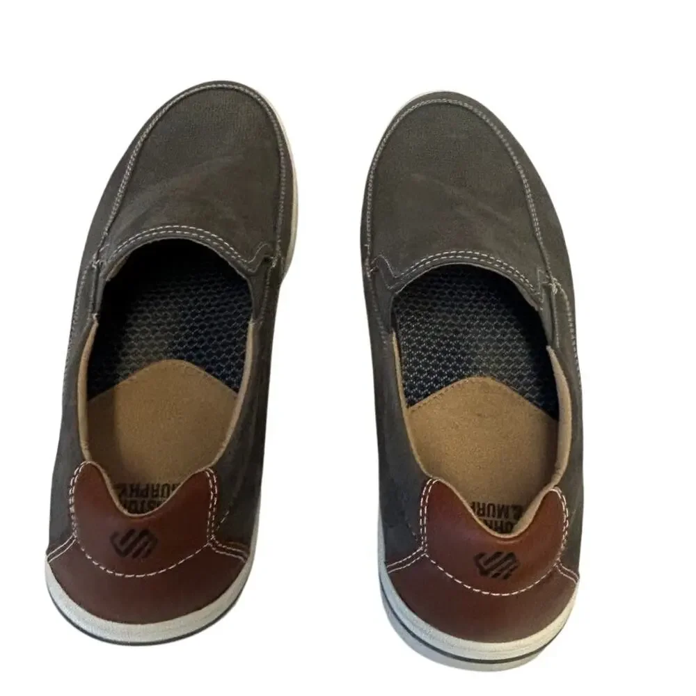 Johnston & Murphy Bowling Moc Venetian slip on gray embossed nubuck brown heel